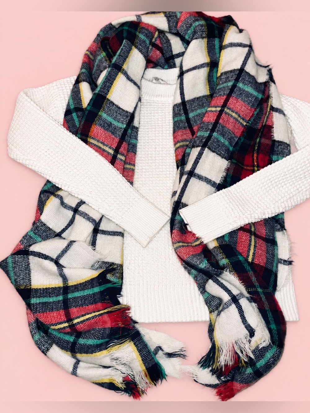 Time and Tru White Knit Sweater S + JustFab Plaid Blanket Scarf 3x6